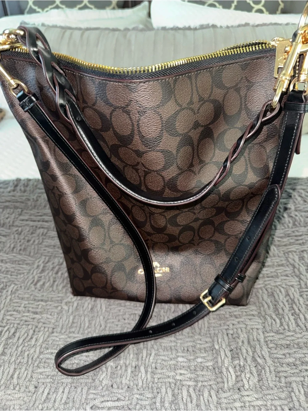 Coach Black Signature Canvas Shoulder Bag with Gold Hardware